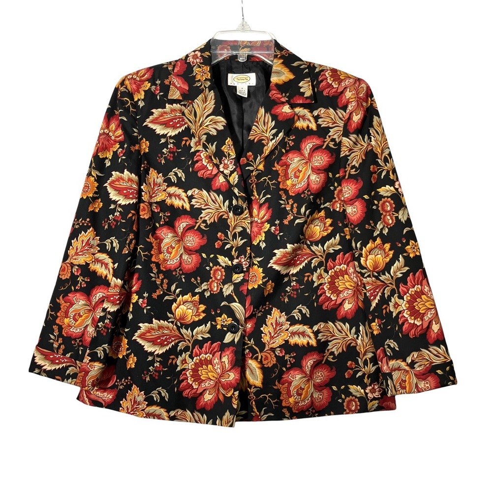 Vintage 90s Talbots Floral Black Button Up Cotton Blazer Jacket Small Petite